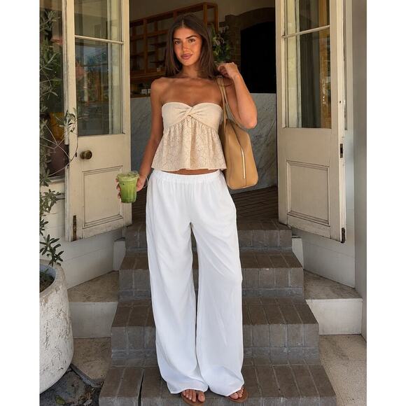 Shein Tops - Strapless Eyelet Tube Top XS Beige Floral Embroidered Boho Blouse